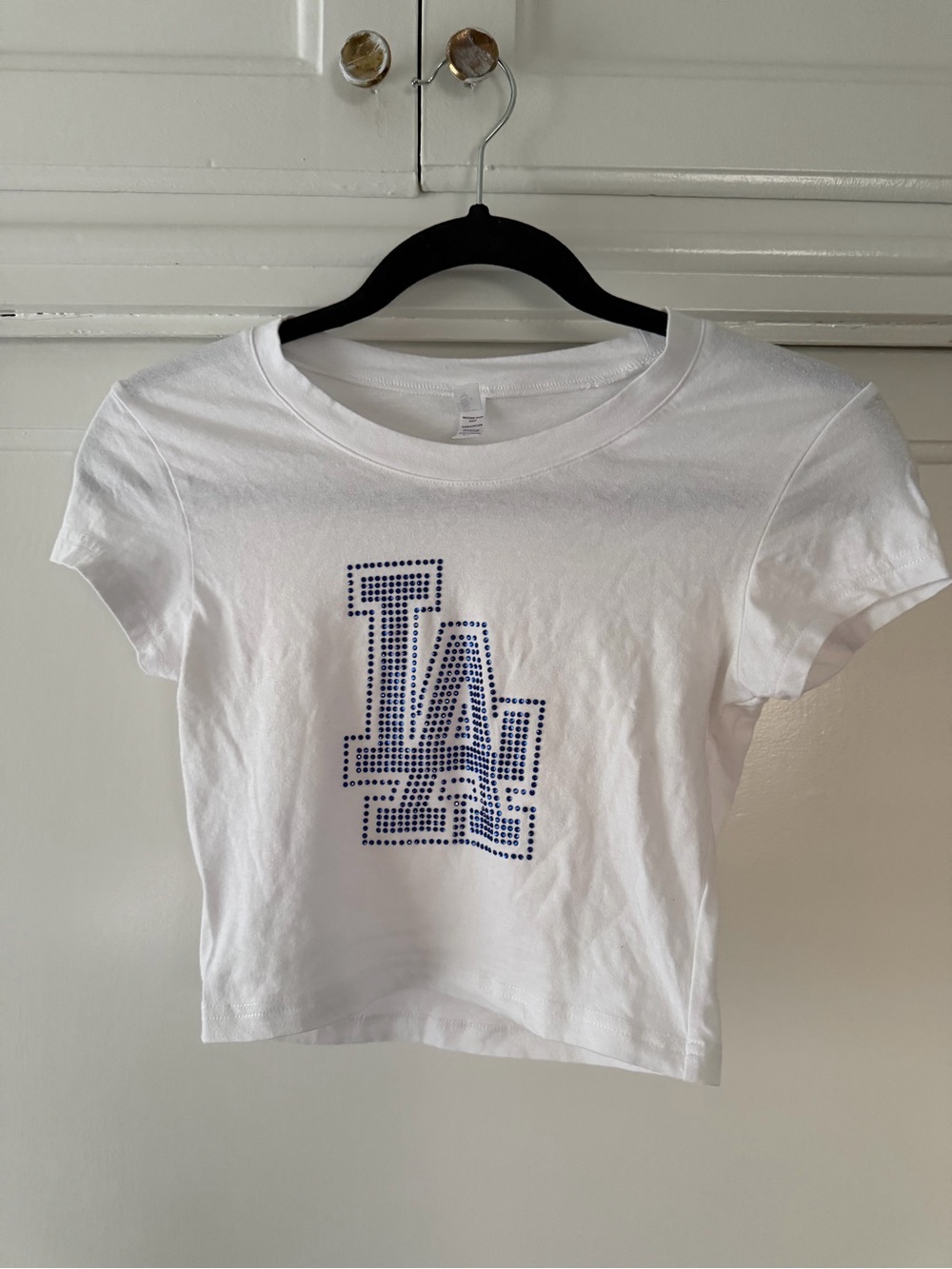 White LA Logo Rhinestone Crop Tee - Women's Top